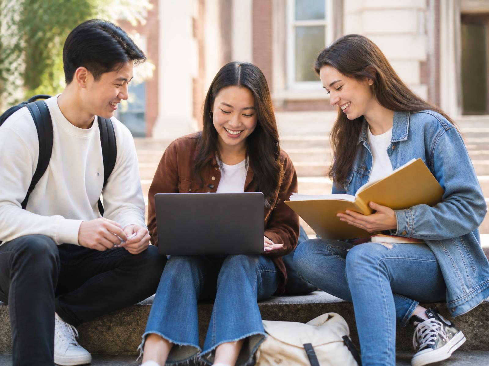 Tres estudiantes universitarios jóvenes estudiando juntos con un portátil en las escaleras del campus